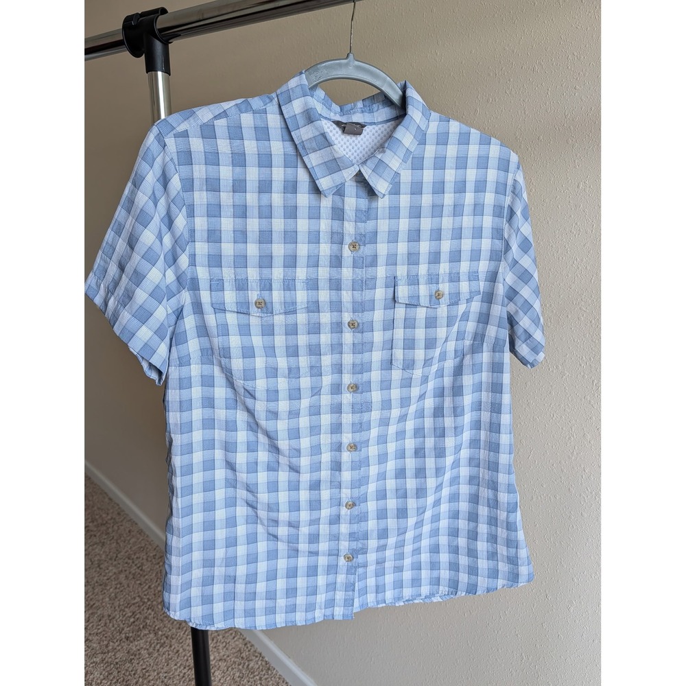 Eddie Bauer Mens Blue White Gingham Plaid Short Sleeve Button Up Shirt Large